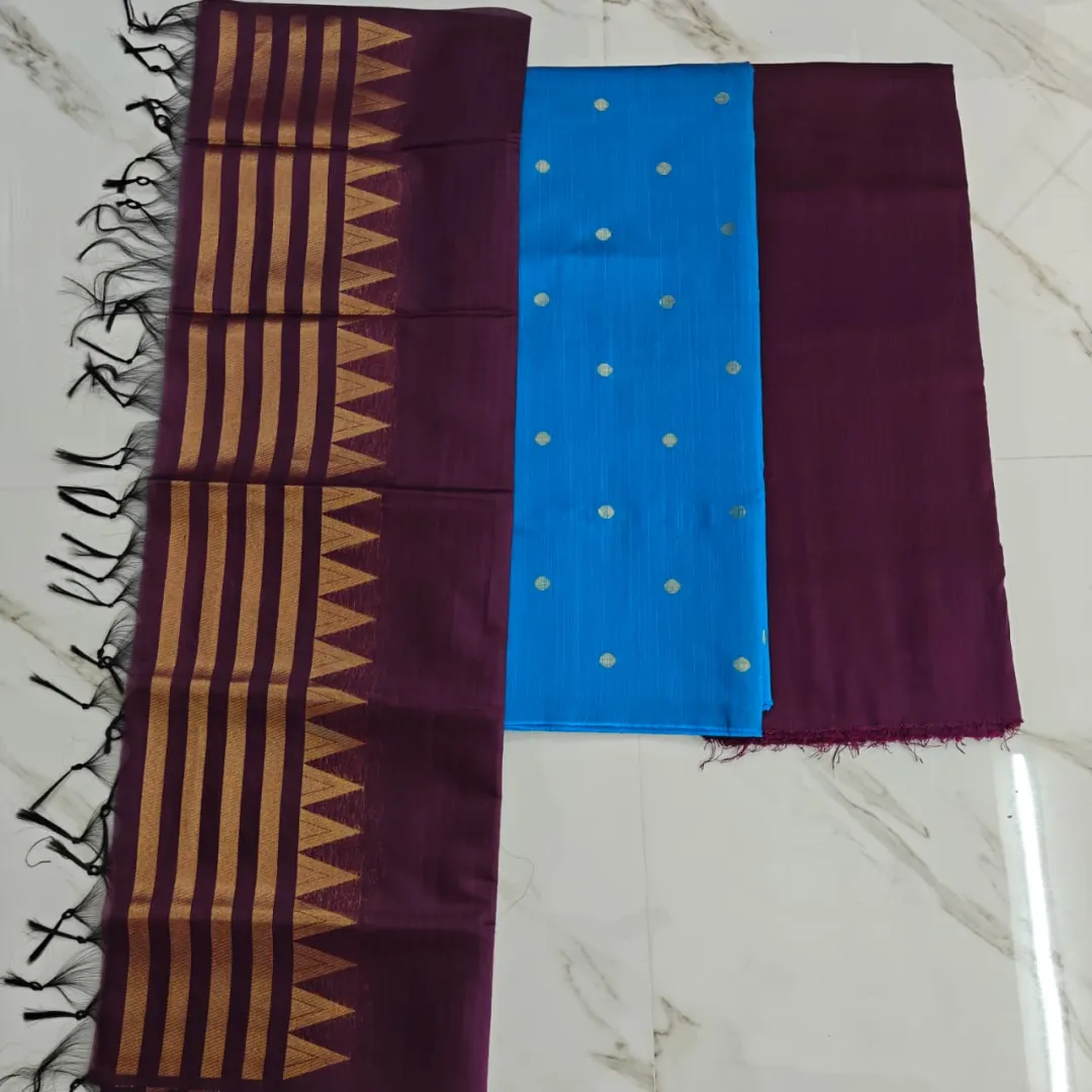 Raw silk chudi material - Blue Round wine