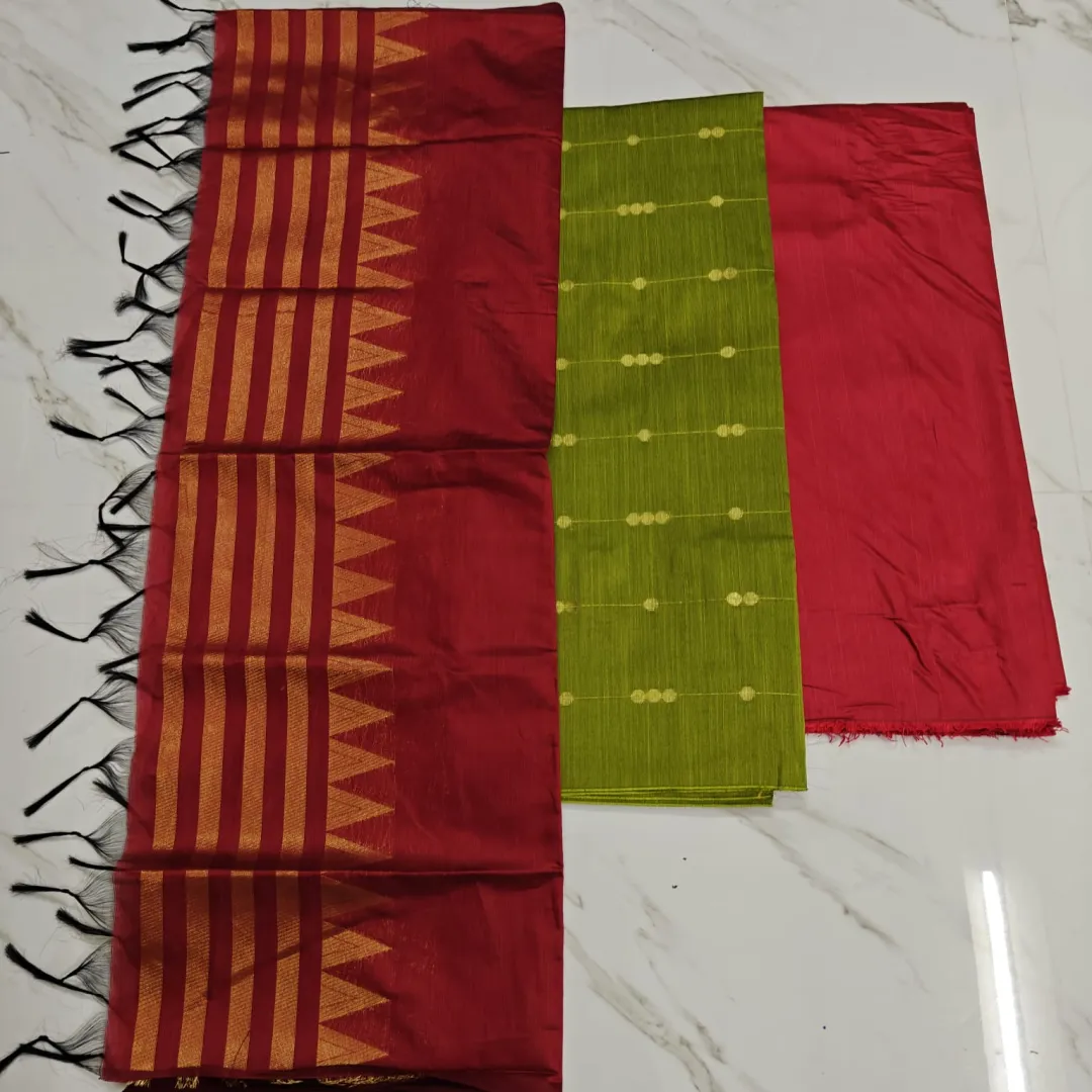 Raw silk chudi material - Olive green Top, Red Tower duppata & Red plain pant