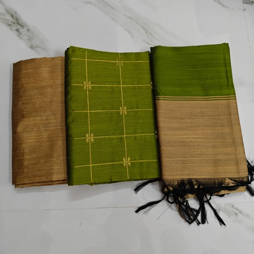 Raw Silk Chudi Material -   olive green flower checked top, gold pant and golden with olive green border duppatta