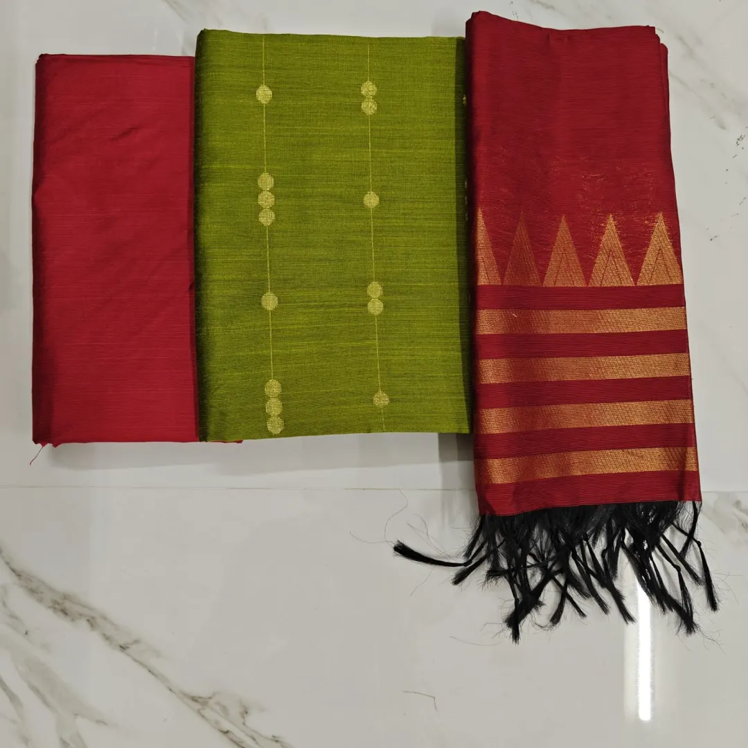 Raw Silk Salwar Materials - olive green chain design top, red plain pant & red tower duppata&