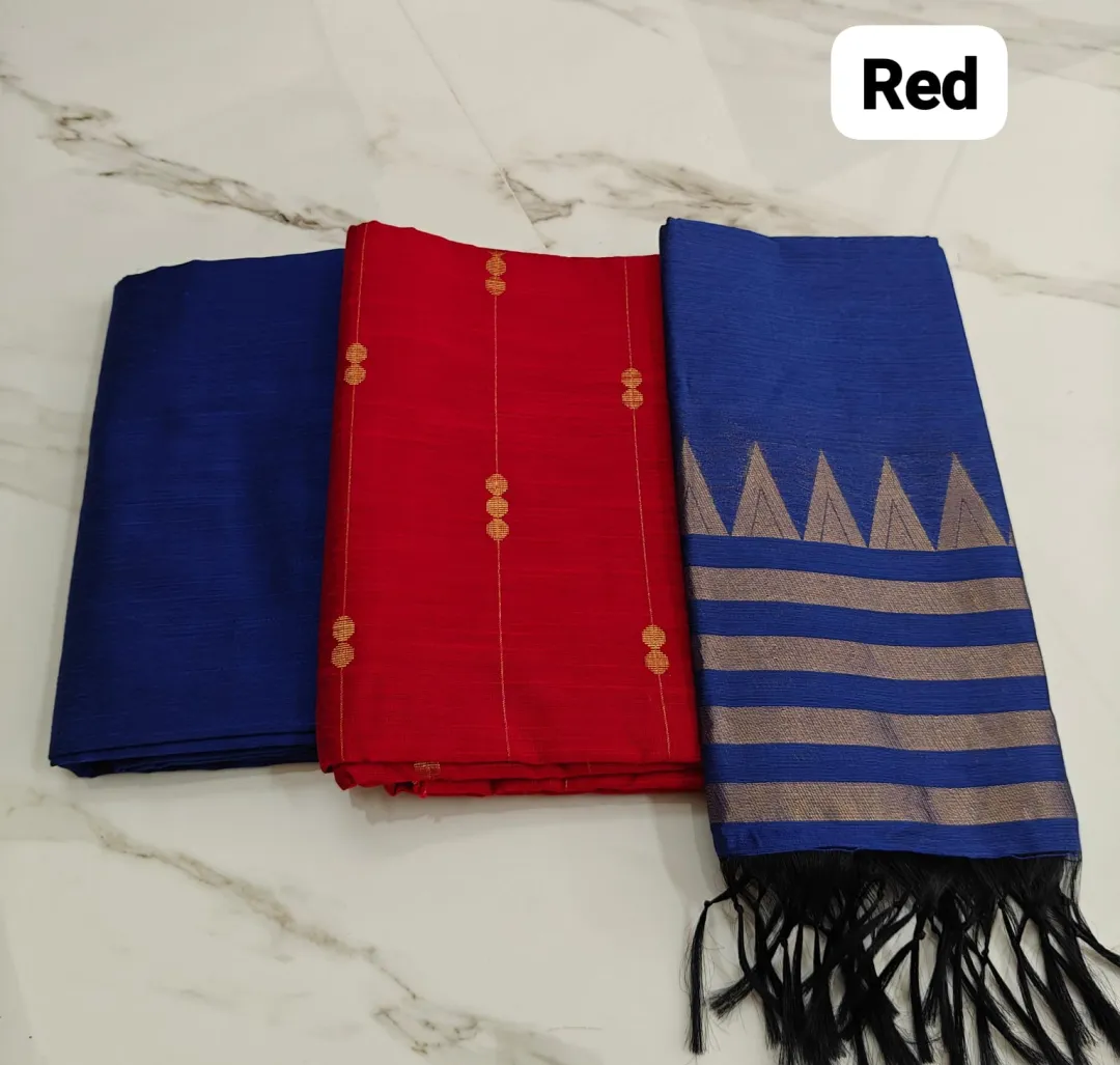 Raw Silk Salwar Materials - RED CHAIN TOP, ROYAL BLUE PLAIN PANT & R.BLUE TOWER DUPPATA