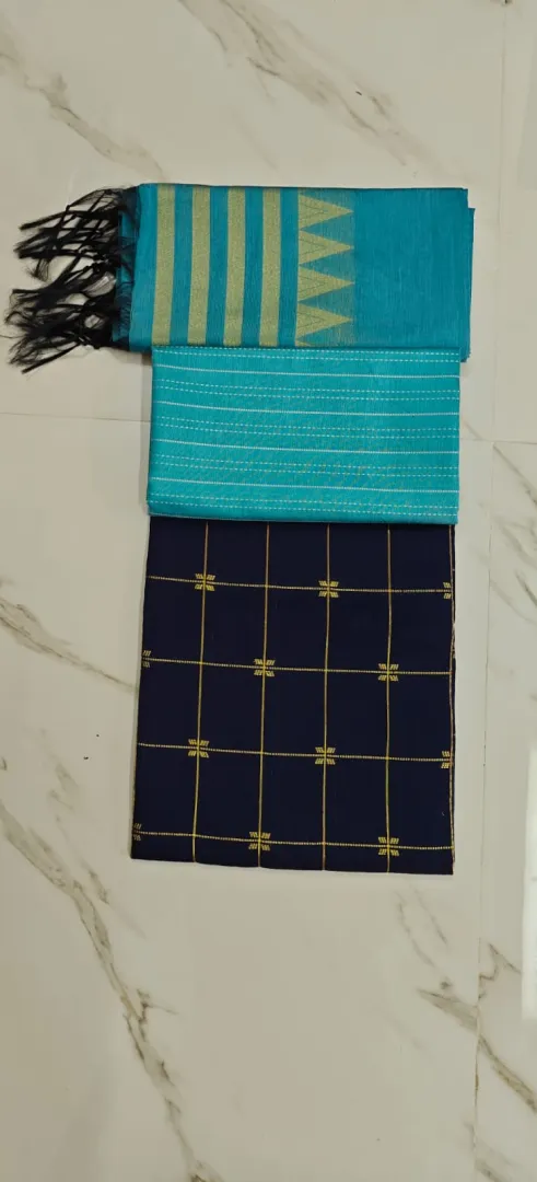 Raw Silk Salwar Materials - NAVY BLUE FLOWER CHECKED TOP, SKYBLUE STRIPE PANT & SKY BLUE TOWER DUPPATA