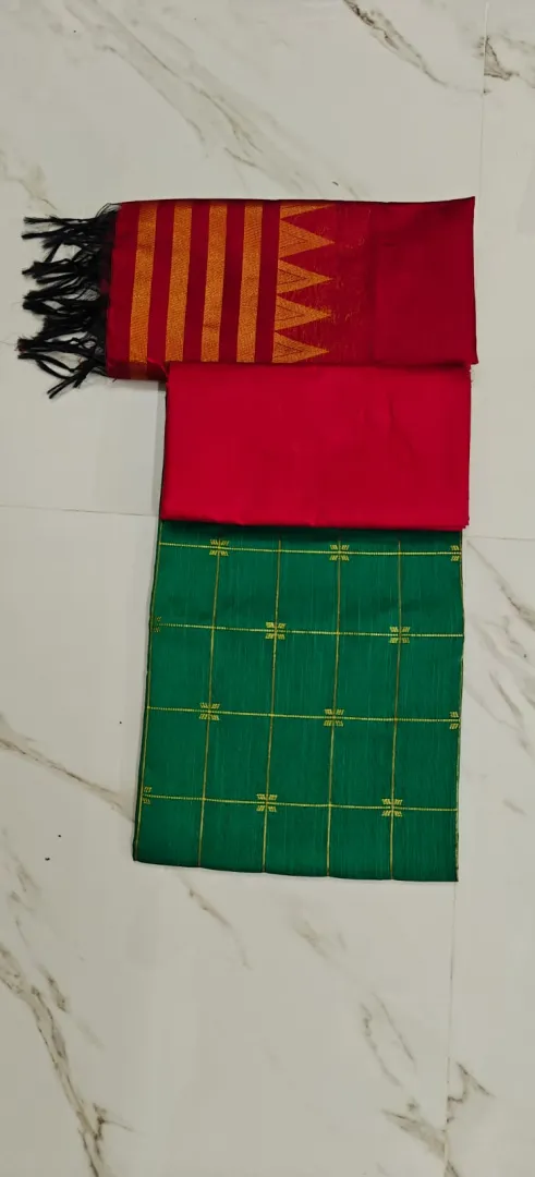Raw Silk Salwar Materials - GREEN FLOWER CHECKED TOP, RED PLAIN PANT & RED TOWER DUPPATA