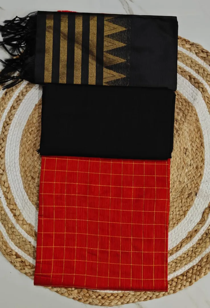 Raw Silk Salwar Materials -  orange small chk & black tower duppata and plain black pant