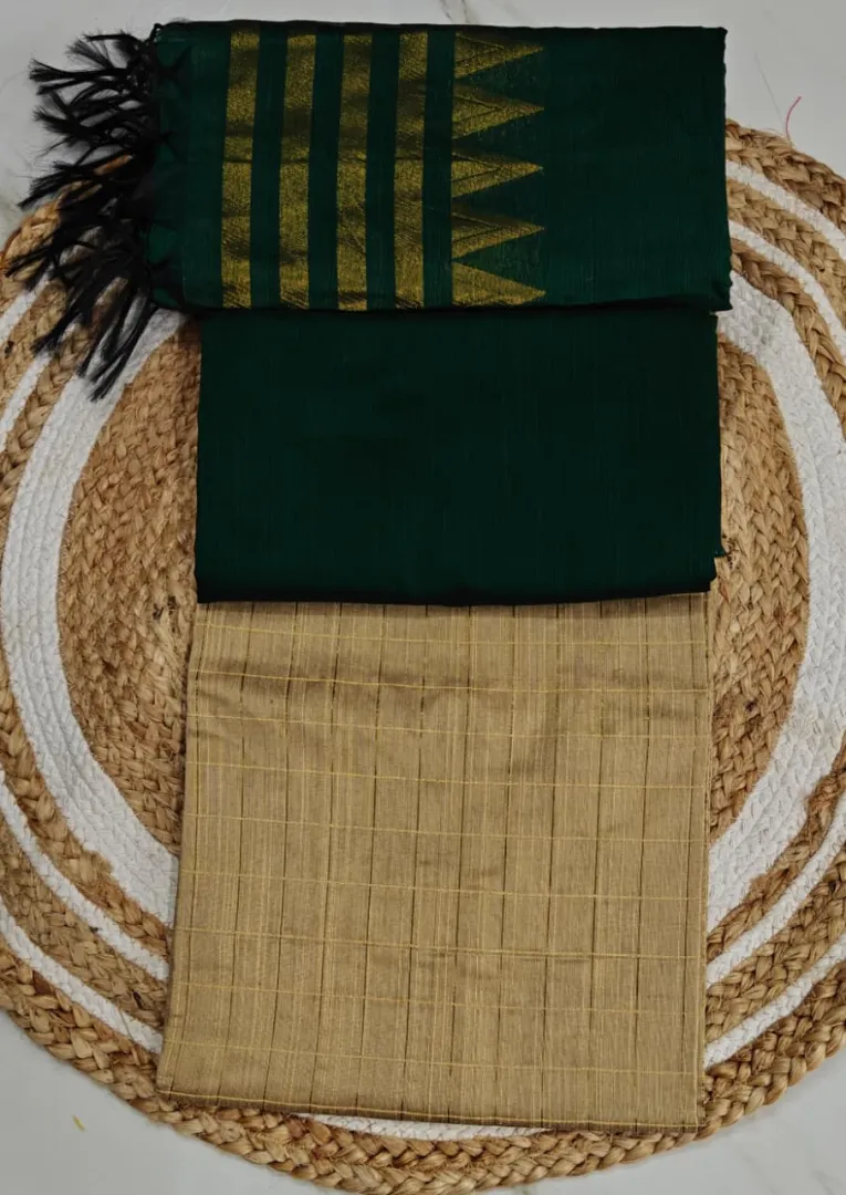 Raw Silk Salwar Materials -  tusser small checked top, bottle green tower duppata & plain pant