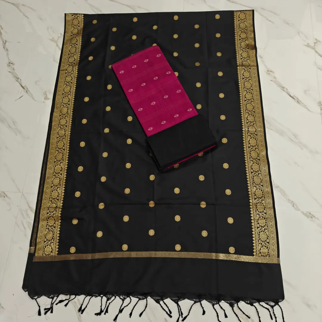 Raw Silk Jaquard banrasi duppata set - Vadamalli striple butta top  & black