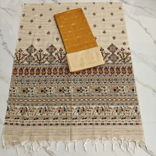 RAW SILK WITH KALAMKARI PRINTED DUPPATA - Golden flower checked top