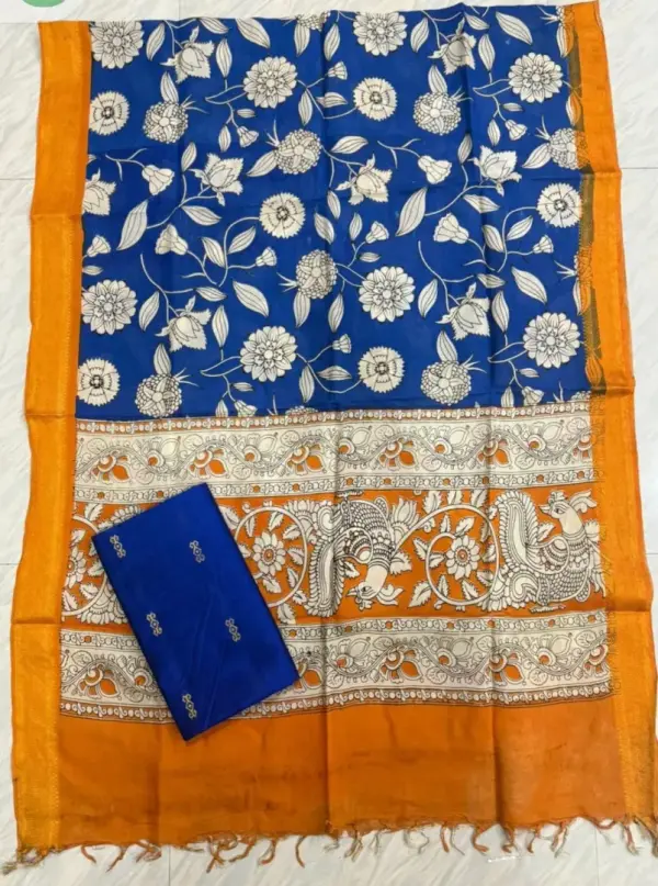 Chennuri silk nizam border kalamkari duppata ROYAL BLUE & ORANGE(BLACK)