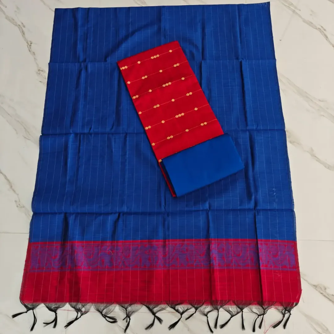 Raw silk chudi material - ROYAL BLUE DUPPATA, RED TOP 3B AND RED PANT