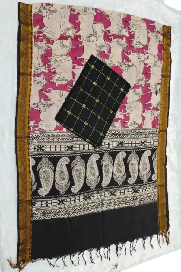 Raw silk top with chennuri silk nizam border kalamkari duppata PINK & BLACK